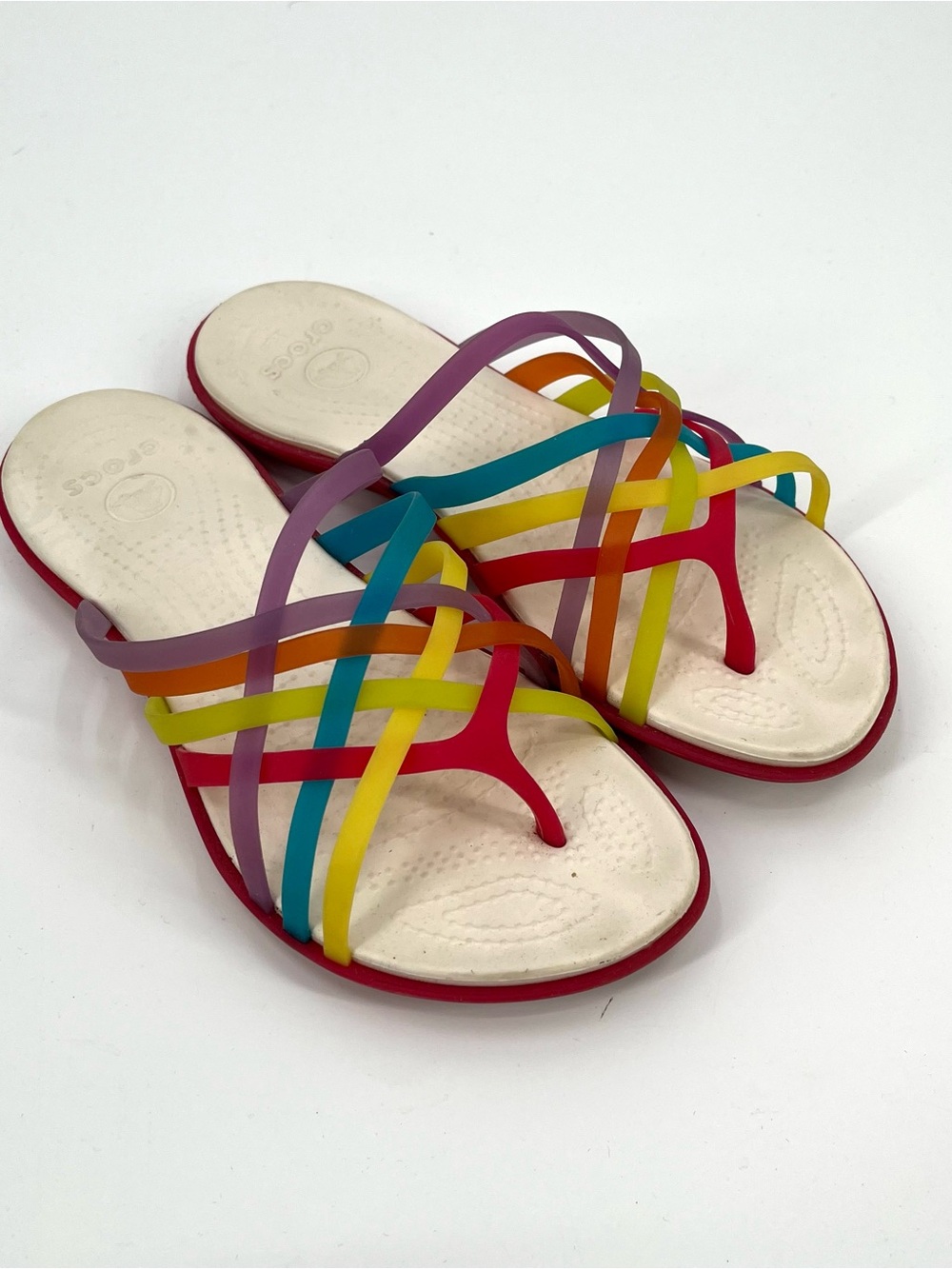 CROCS Rainbow Huarache Sandals Strappy 5 Women Multicolor Slip On Comfort Shoe